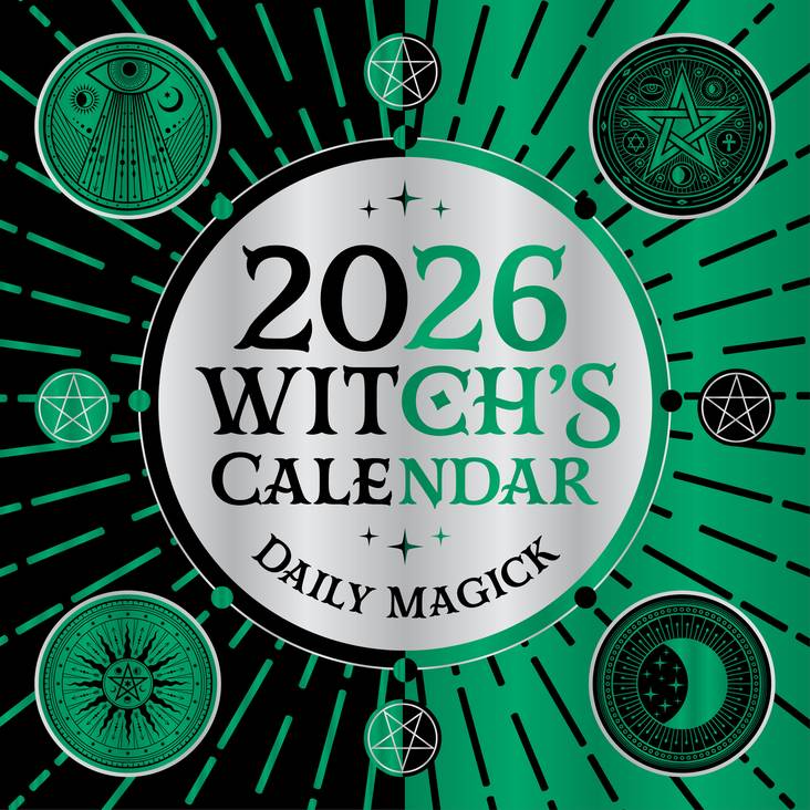 2026 Witch's Calendar cover with magickal symbols on a green background
