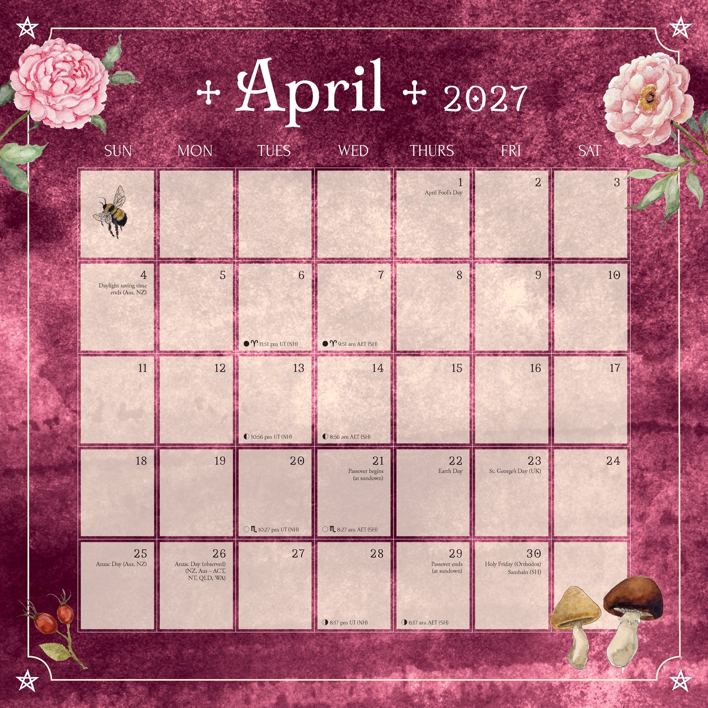 April 2027 calendar with floral and mushroom designs on a pink background