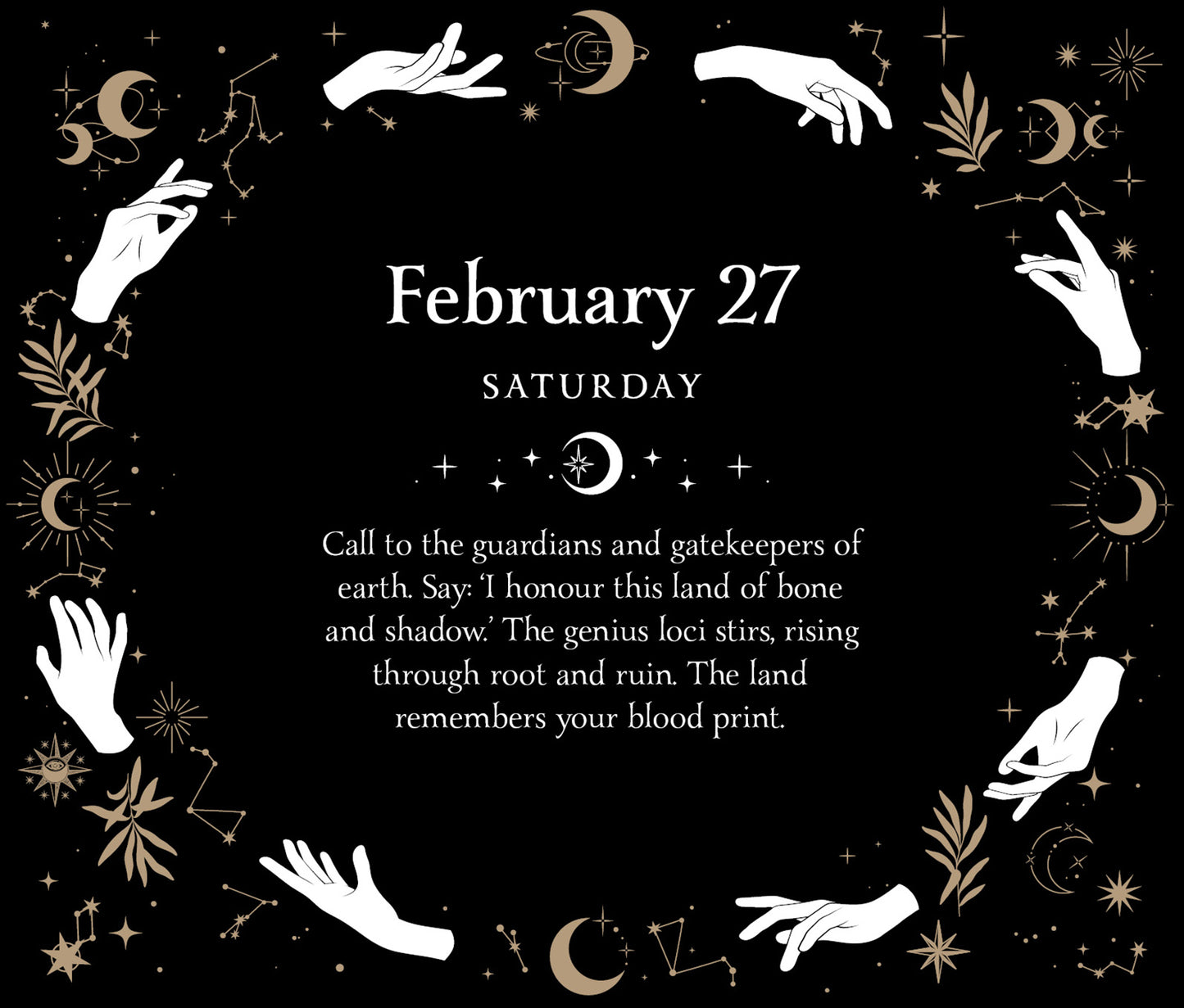 Decorative calendar page for February 27 with hands, moon phases, and text on a black background.