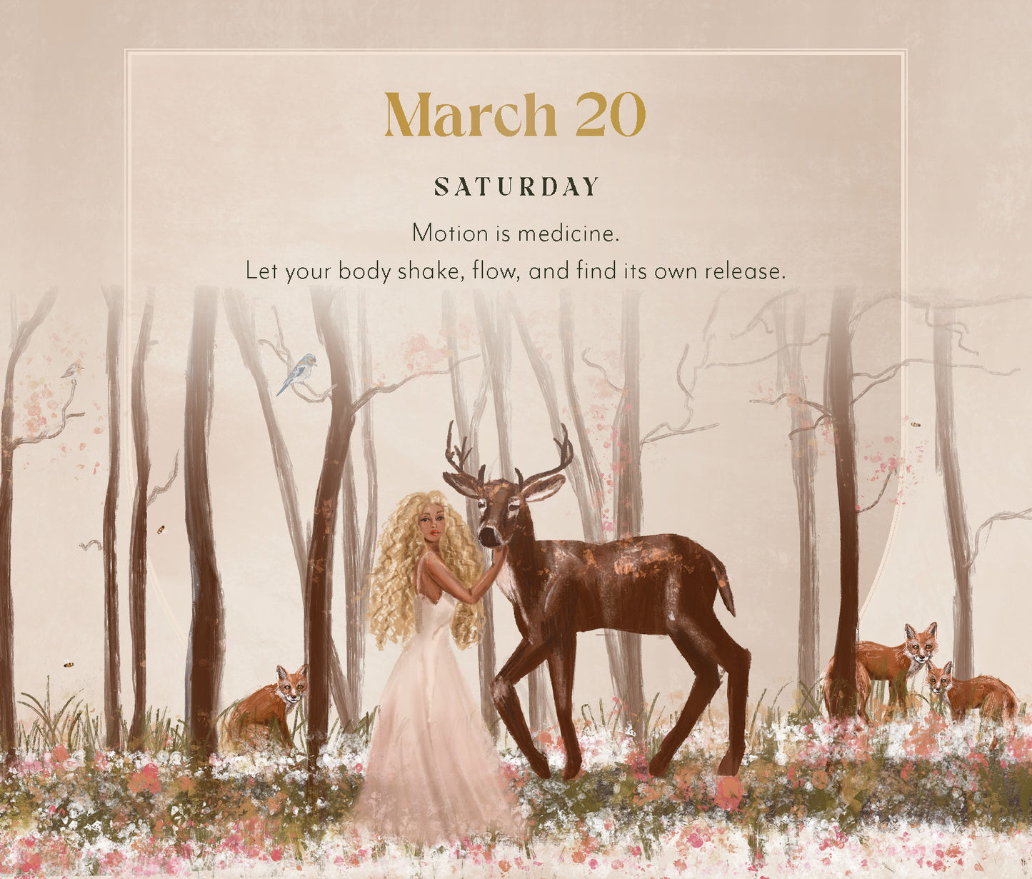 Illustration of a woman and deer in a forest with text on March 20th.