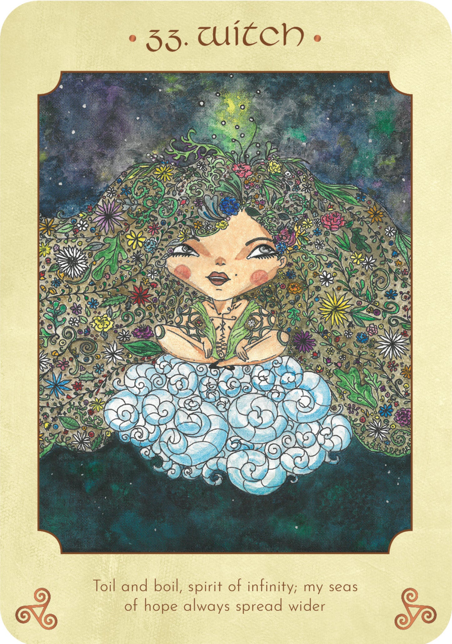 Tarot card featuring a stylized illustration of a witch with floral and celestial elements.
