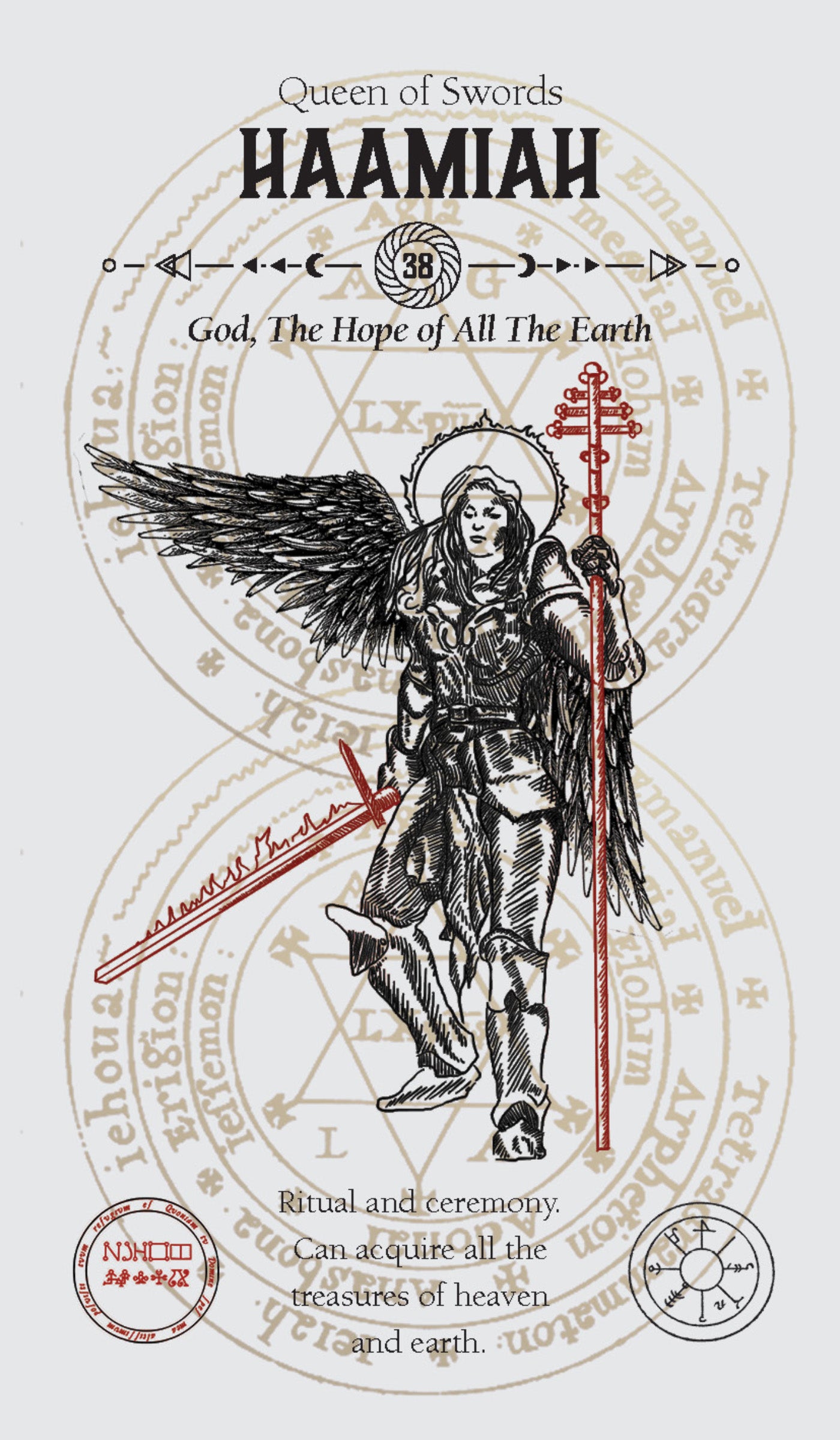 Illustration of an angel holding a sword with astrological symbols and text around it.