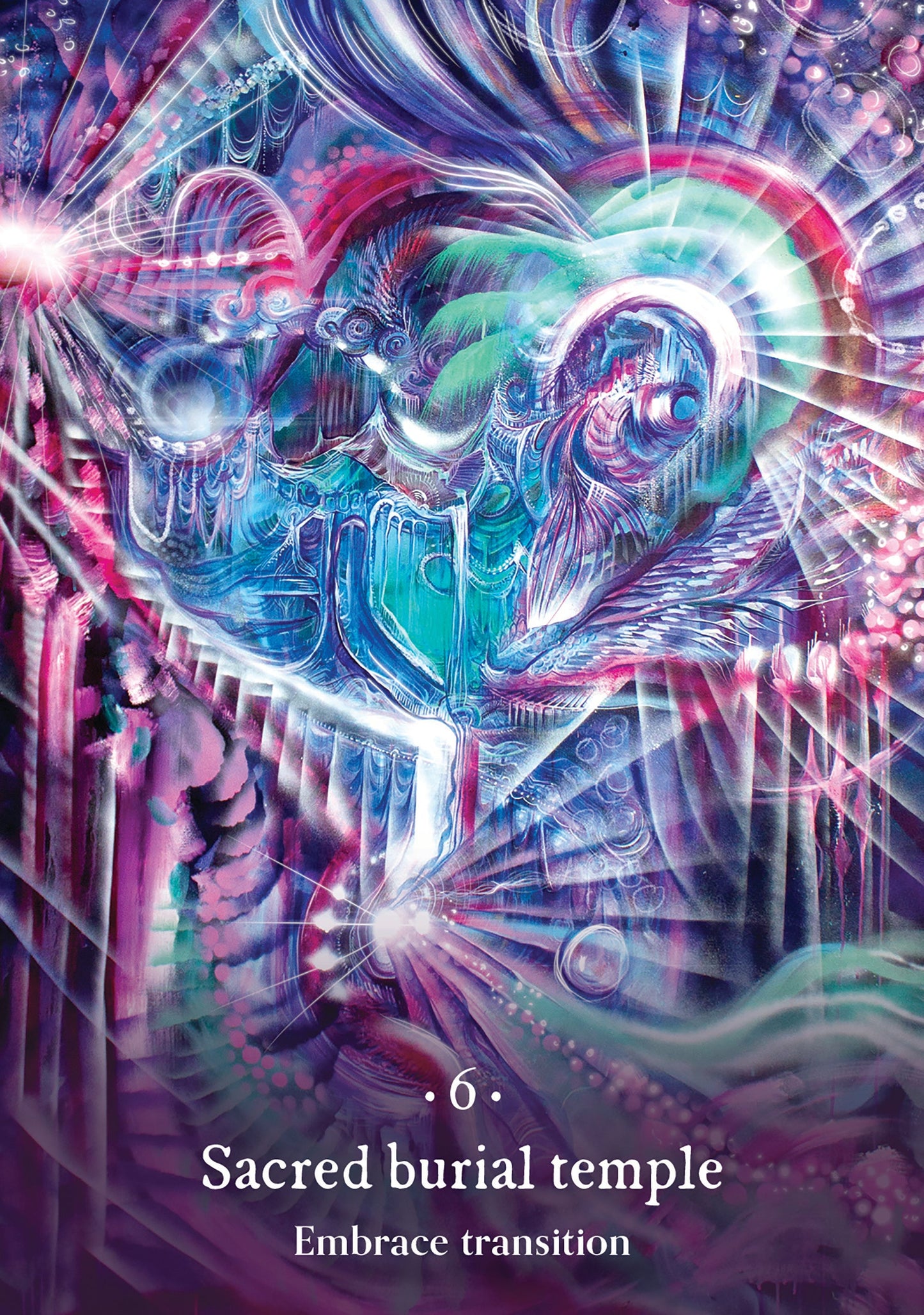 Colorful abstract design with text 'Sacred burial temple Embrace transition' on a purple background