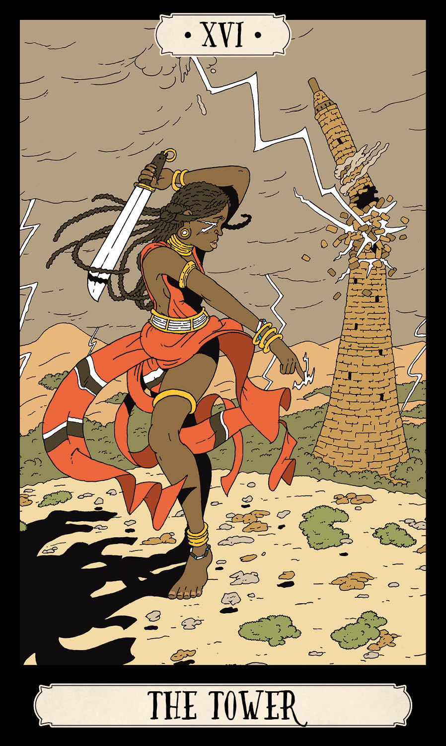 Tarot card titled 'The Tower' featuring a figure with a sword and a tower.