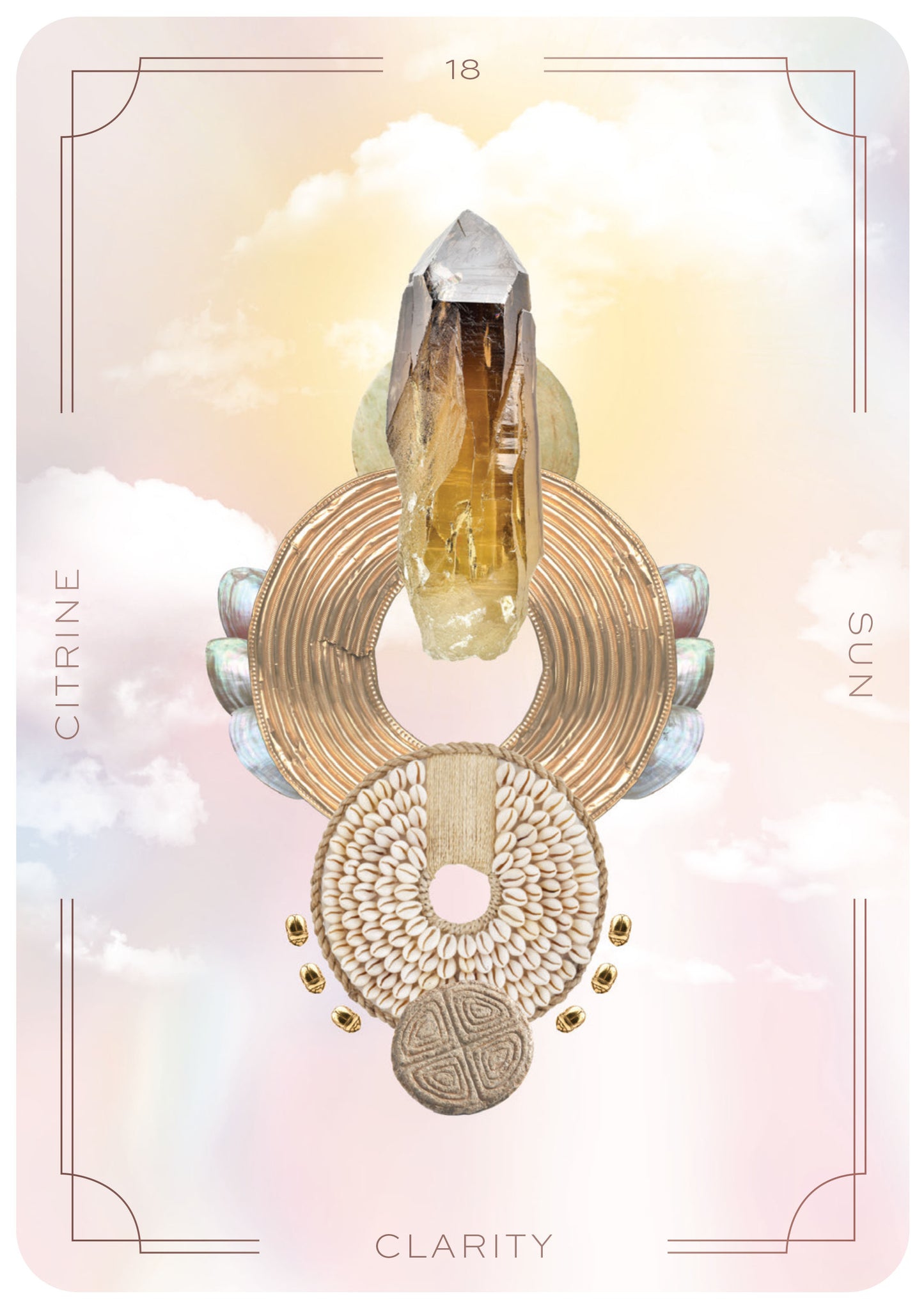 Decorative card with a citrine crystal and gold design on a soft, multicolored background.