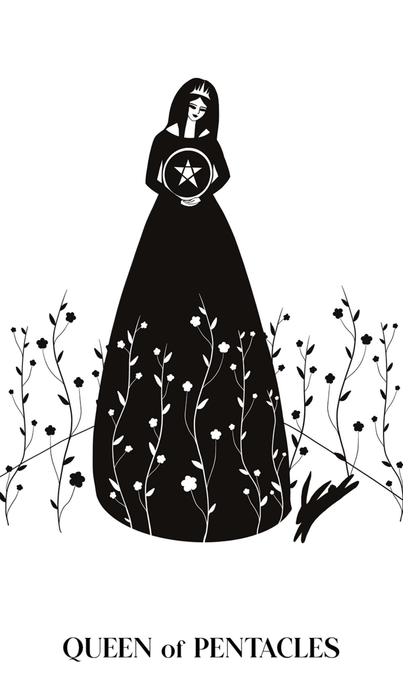 Black and white illustration of a figure in a long dress with a star emblem, surrounded by plants, on a white background.