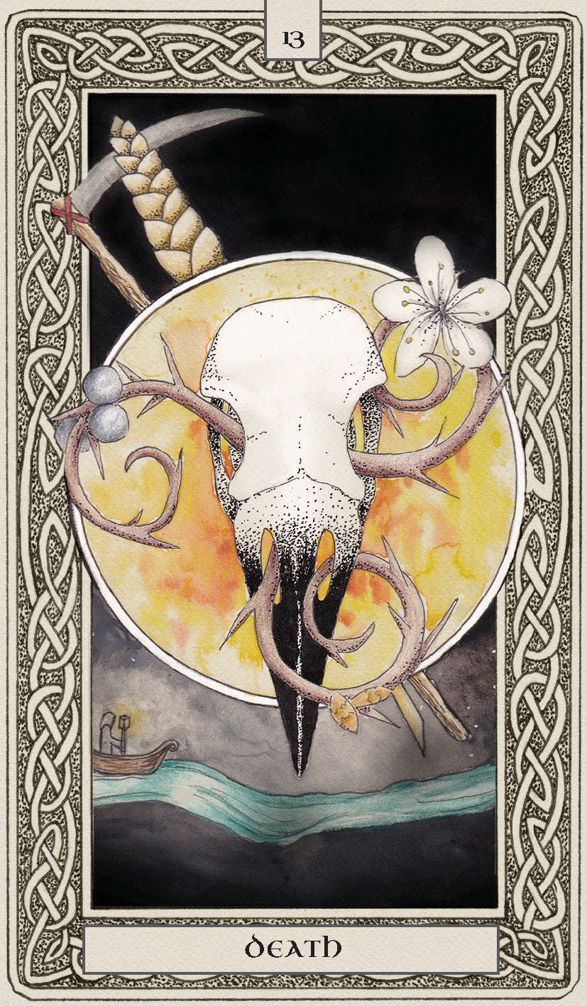 Card with a deer skull, flowers, and Celtic knot border labeled 'Death'.