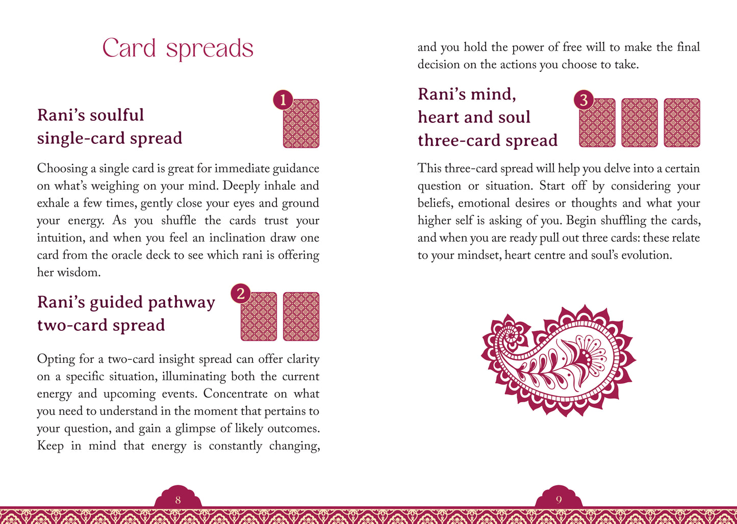 Content from Raising Rani Oracle cards, featuring various card spreads