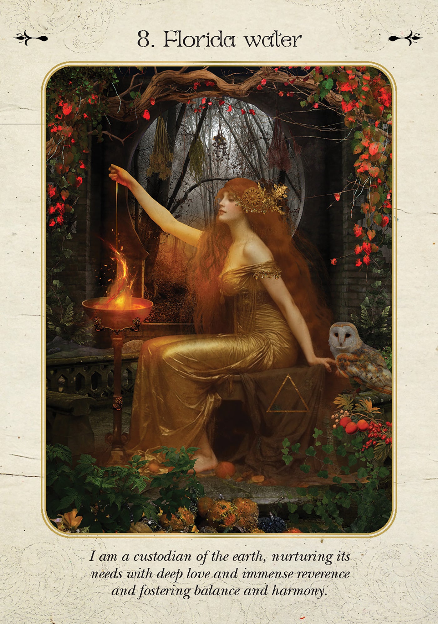 Artistic depiction of a woman in a gold dress with a mystical background, holding a candle.