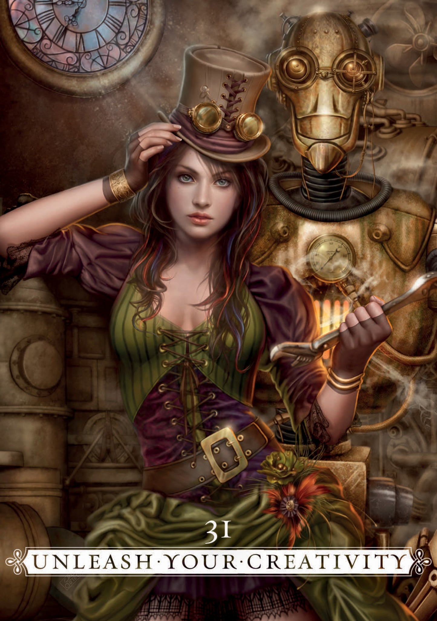 Steampunk-themed illustration of a woman and robot with a clock and mechanical elements in the background.