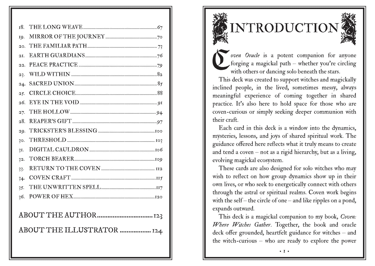 Spreads of a book or deck with text and decorative elements on a white background