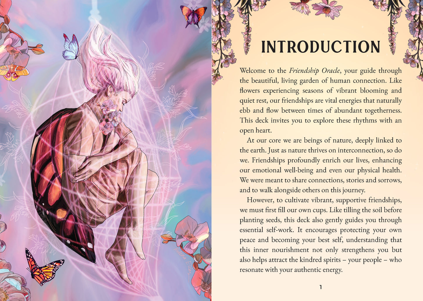 Book page with an illustration of a person in a flowing garment and butterflies, accompanied by text on friendship and connection.