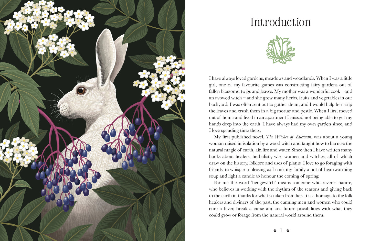 Book page with a rabbit illustration surrounded by foliage and flowers, and text on the right.