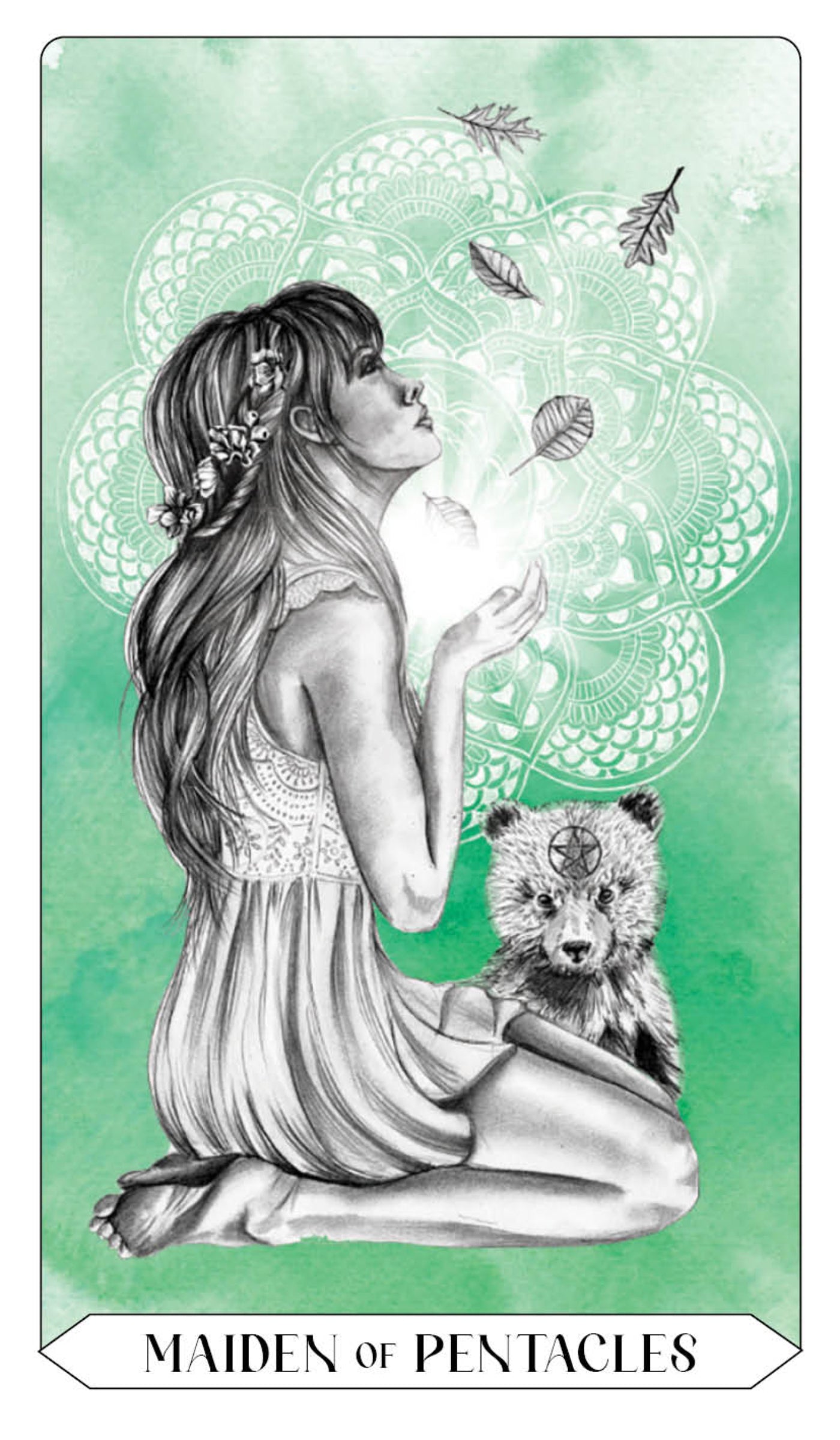 Tarot card featuring a woman and bear with a green background and 'Maiden of Pentacles' text.