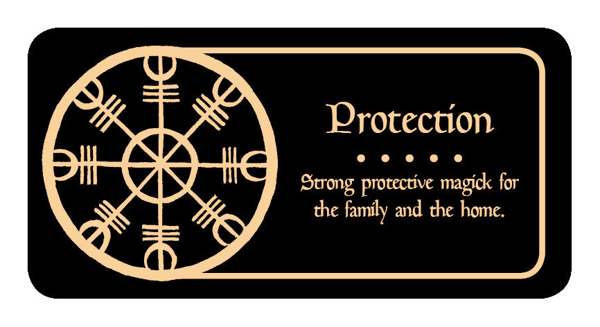 Decorative label with a protection symbol and text on a black background