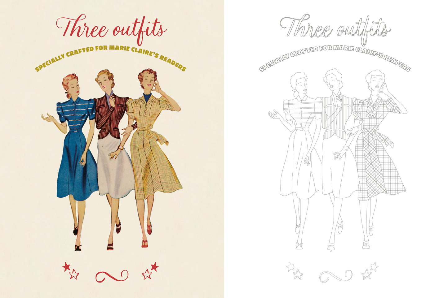 Vintage-style advertisement with three women in outfits and a line drawing on a beige background.