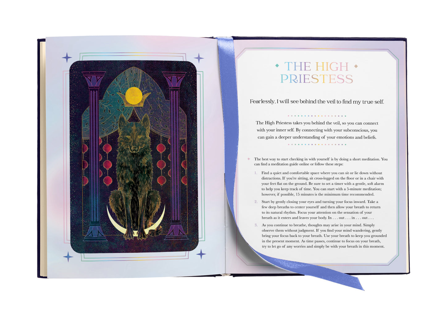Open book showing a tarot card with a wolf and text on a white background