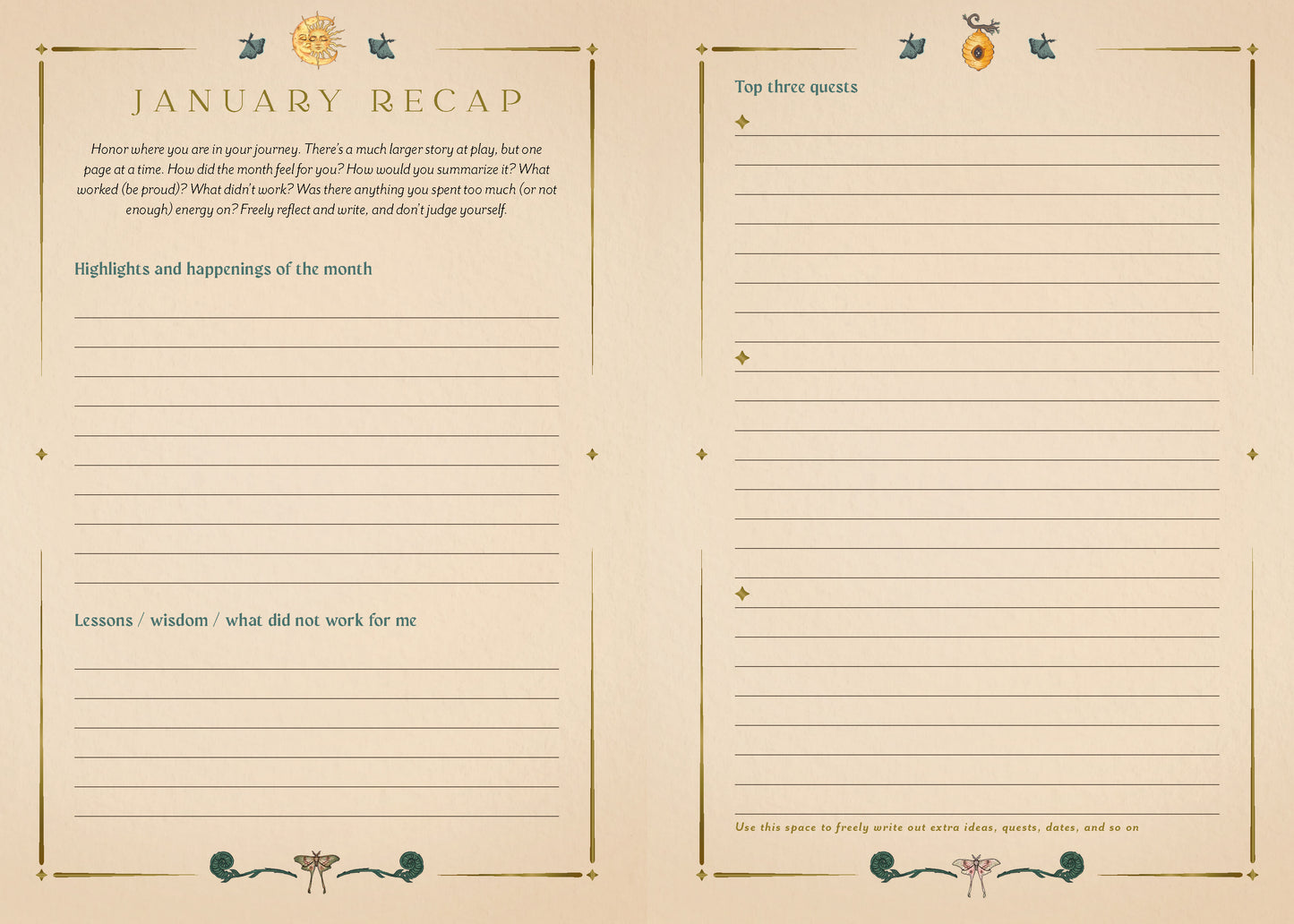 Two pages of a planner or journal with 'January Recap' at the top, featuring lined sections for text.