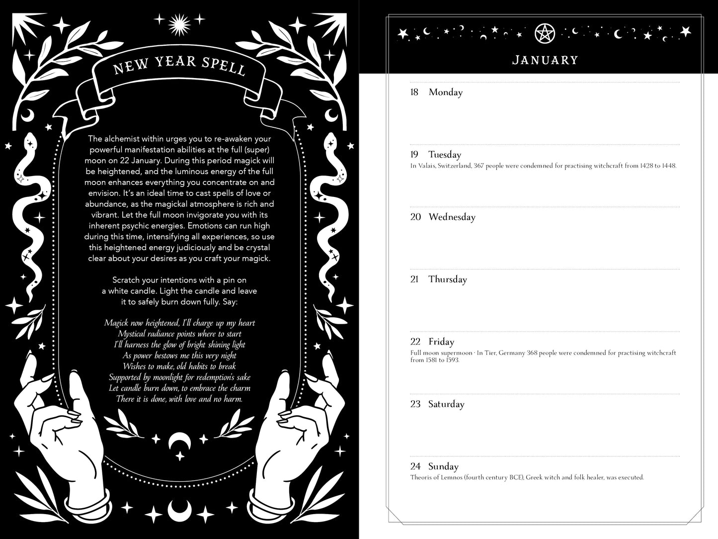 Magical spellbook with hands holding a page titled 'New Year Spell' on a black background.