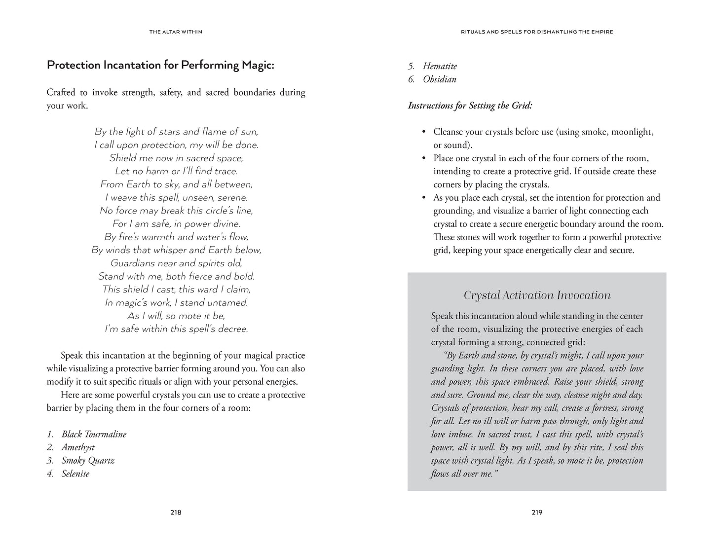 Page from a book or manual on crystal healing and magic with text and crystal grid instructions.