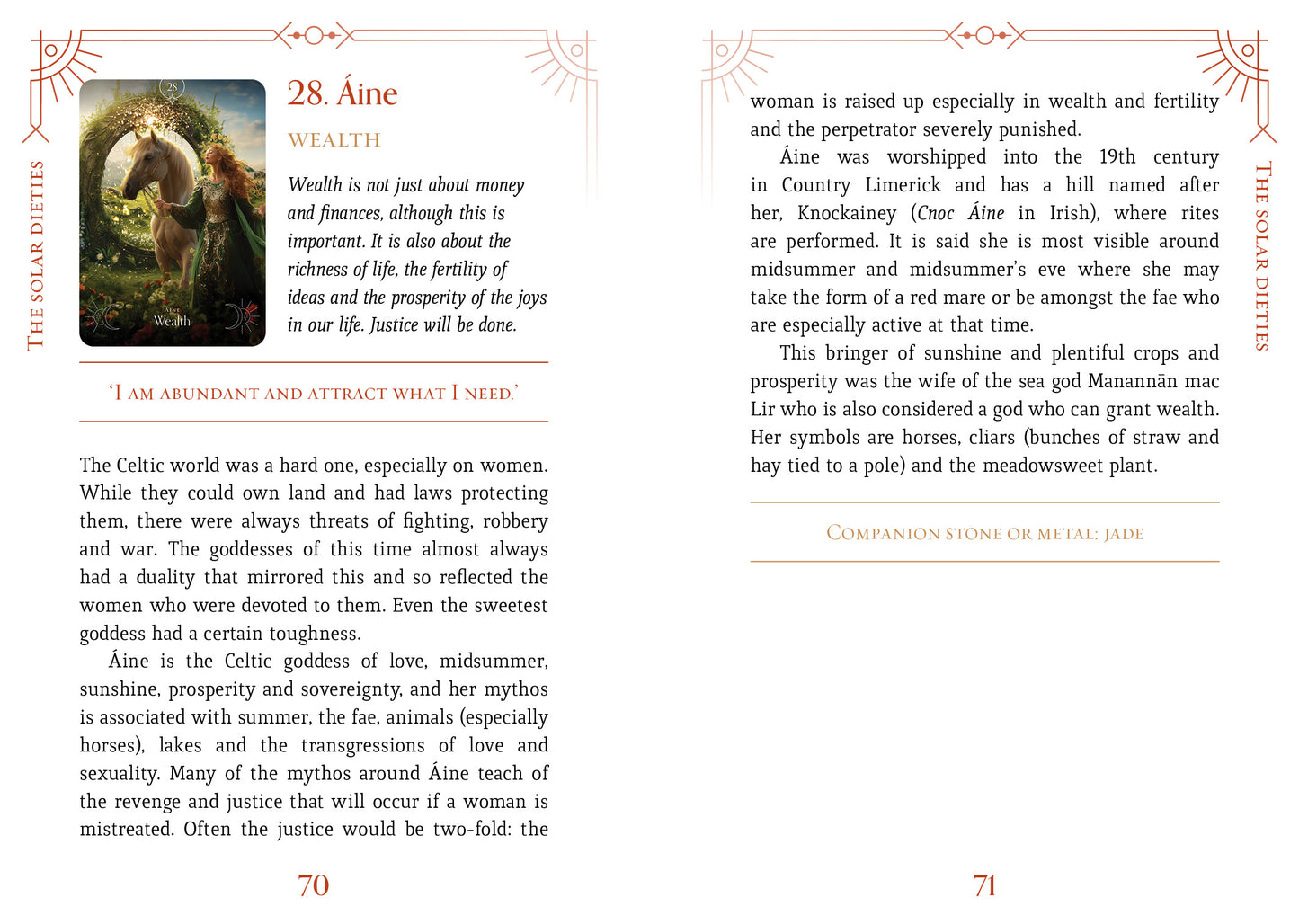 Page from a book with text and an illustration of a woman and horse, discussing the goddess Aine.