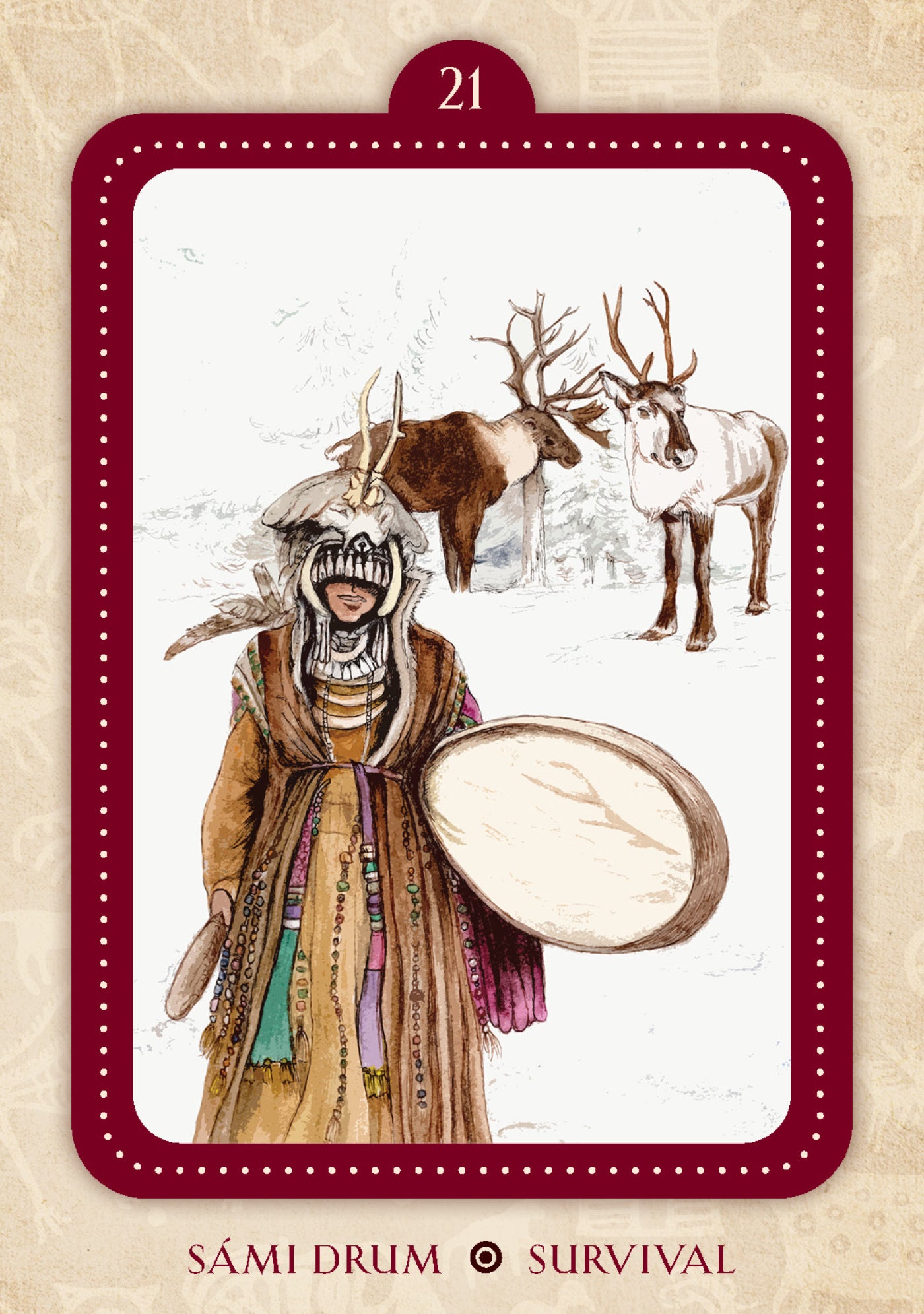 Card from a tarot deck featuring a person with reindeer antlers and a drum, with 'SÖmi Drum é Survival' text.