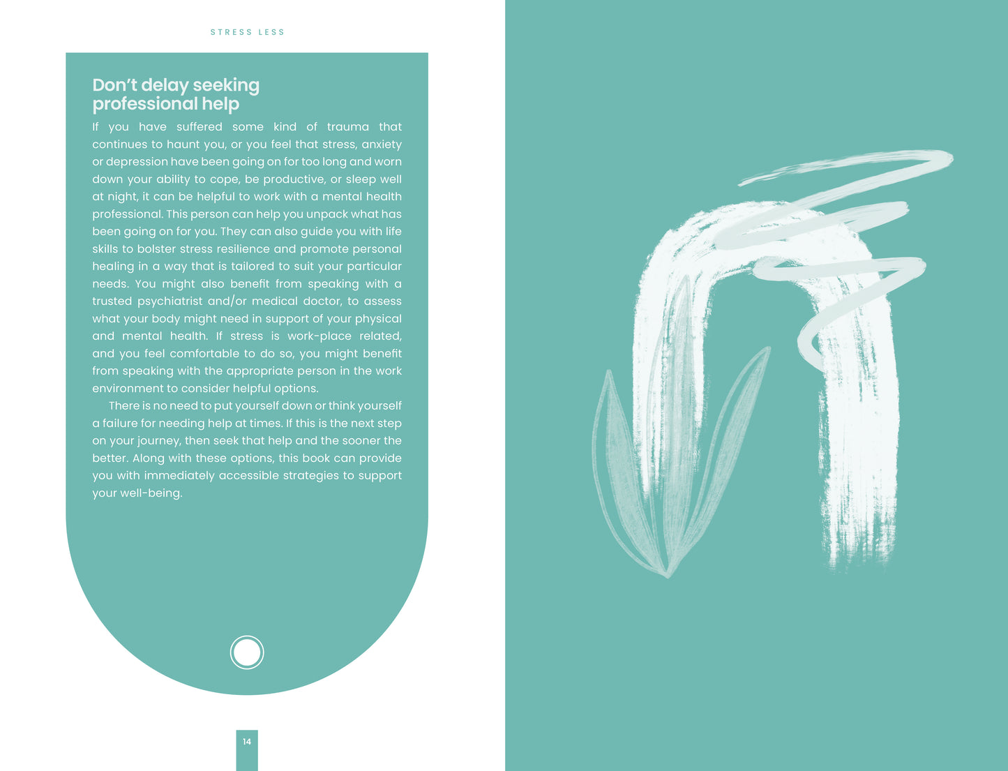 Teal page with text and white abstract design on a light blue background