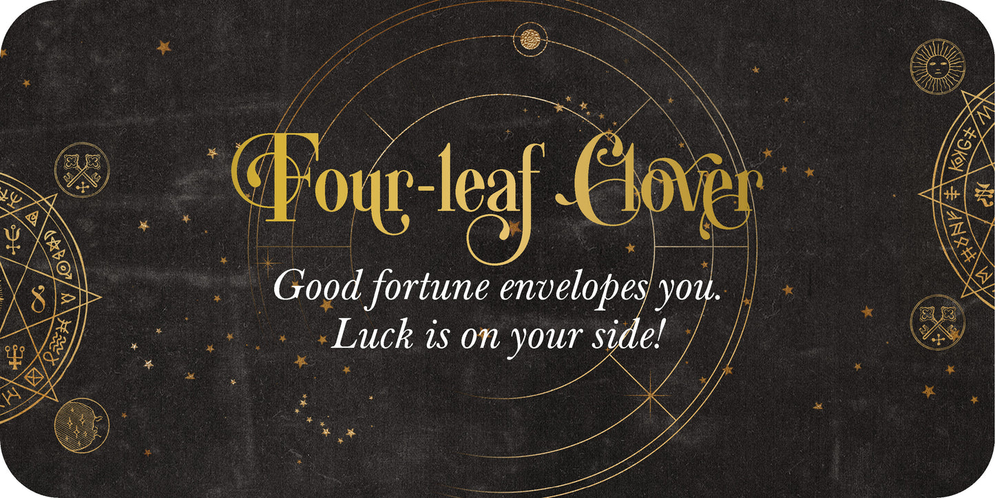 Decorative card with gold text and symbols on a black background