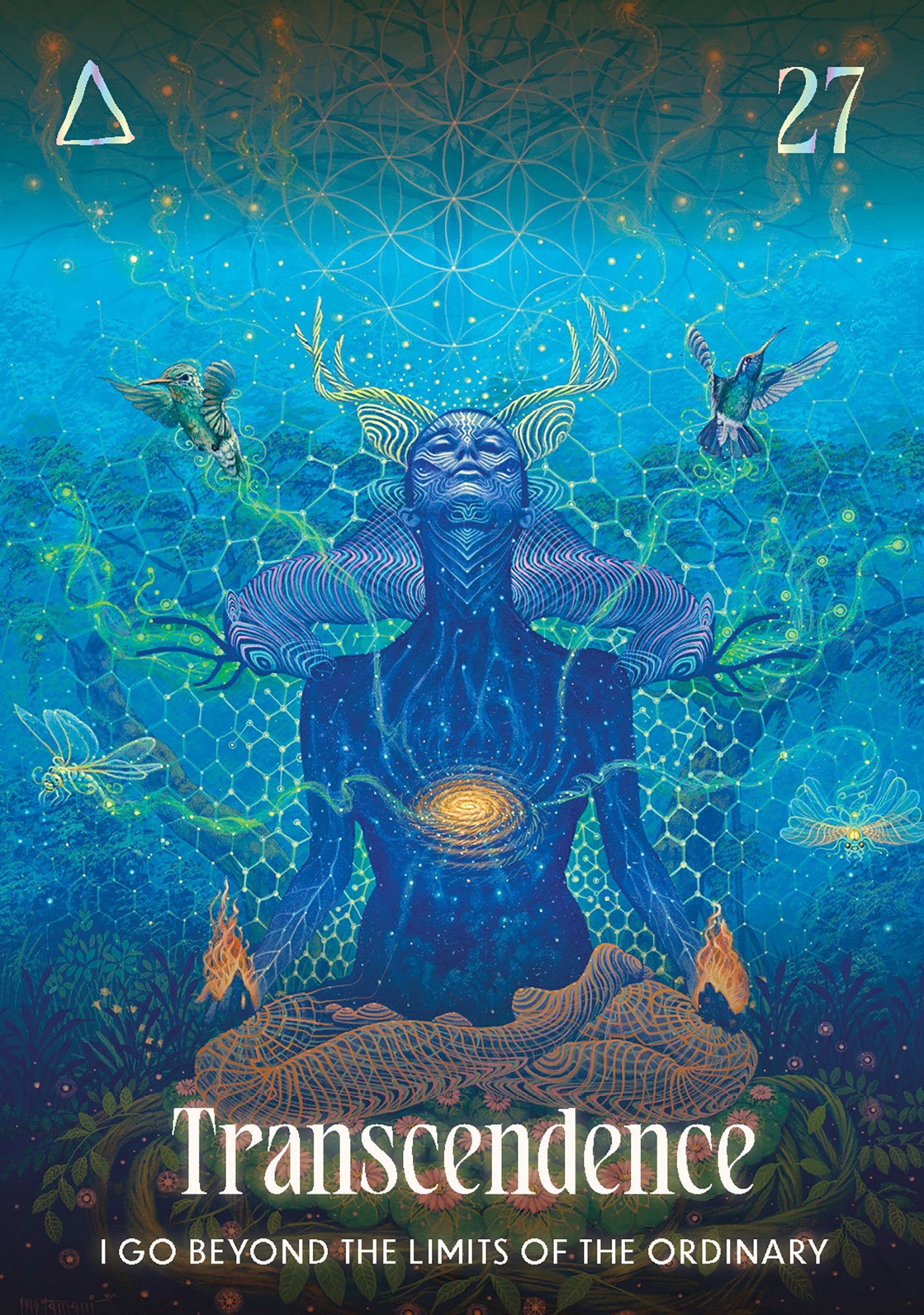 Artistic depiction of a figure with ethereal design elements on a blue background, labeled 'Transcendence'.