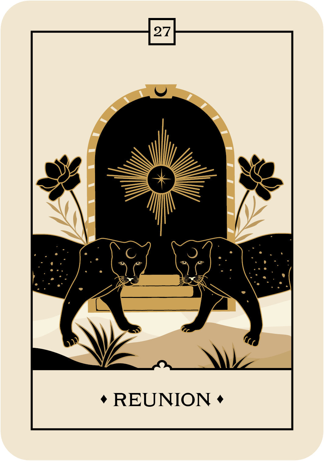 Tarot card with two panthers, a sun symbol, and the word 'Reunion' on a beige background.