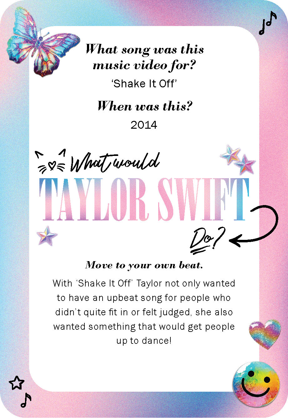 Card with text about Taylor Swift's 'Shake It Off' music video, featuring colorful graphics and a butterfly.