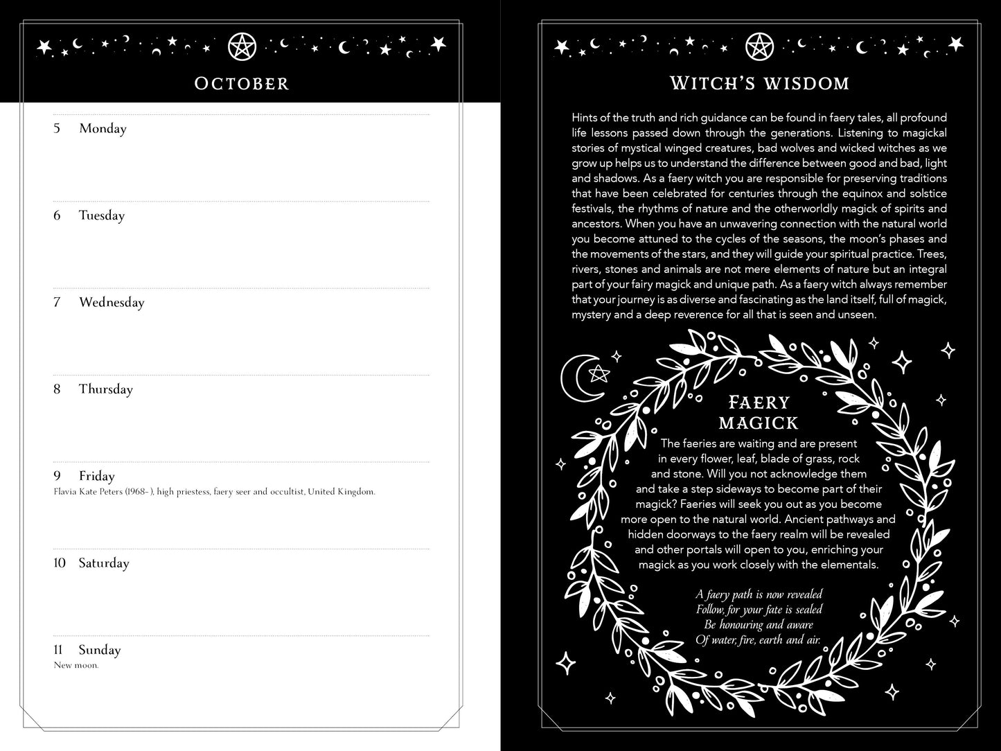 Witch's Wisdom calendar for October with black and white design elements.