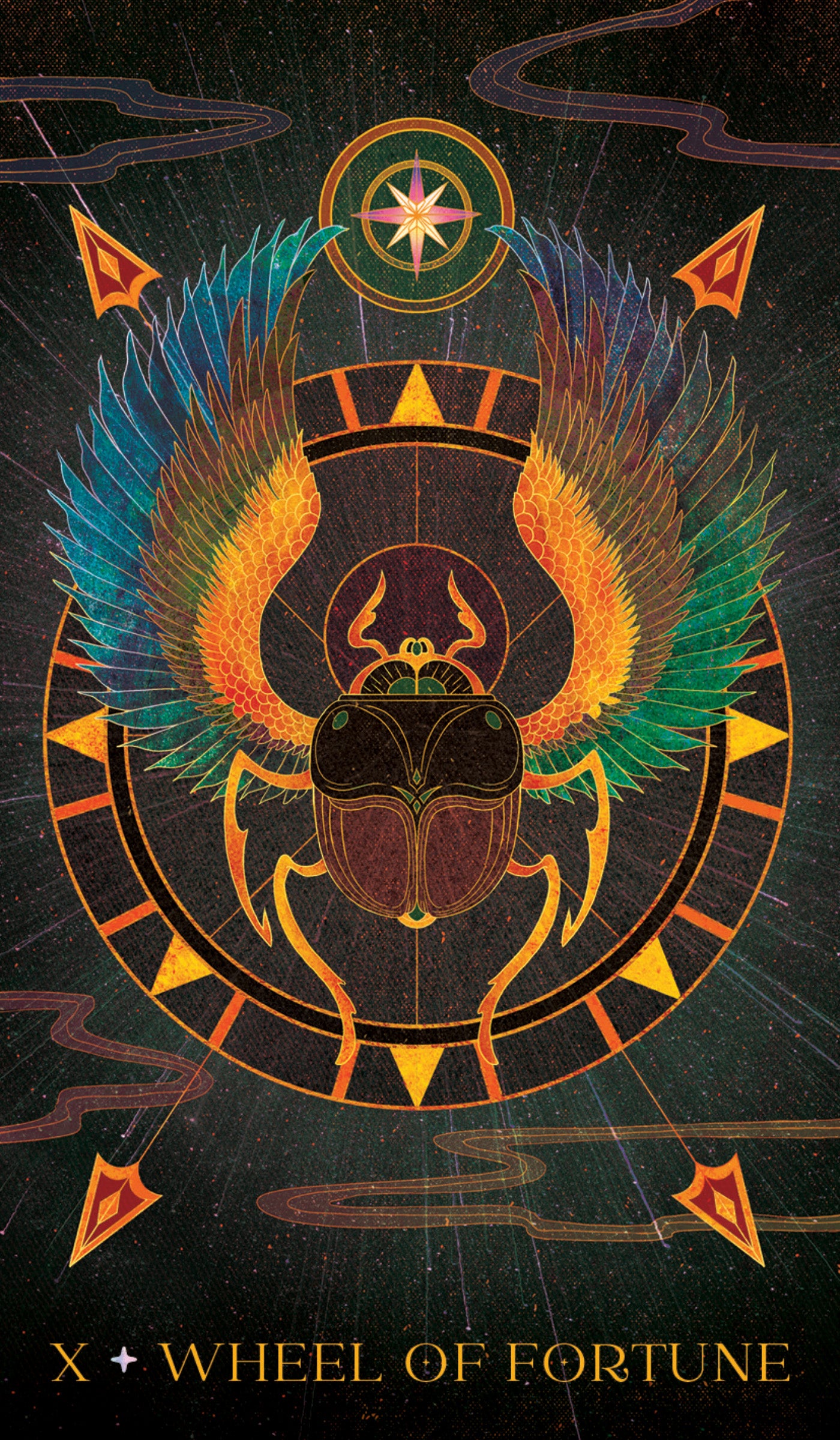Decorative card with a colorful wheel of fortune design on a dark background