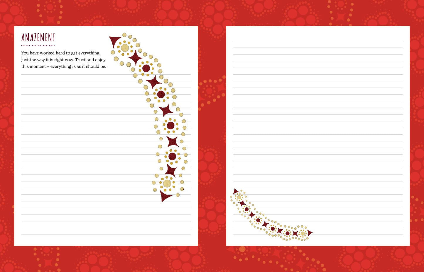 Two pages from a notebook with decorative borders on a red background
