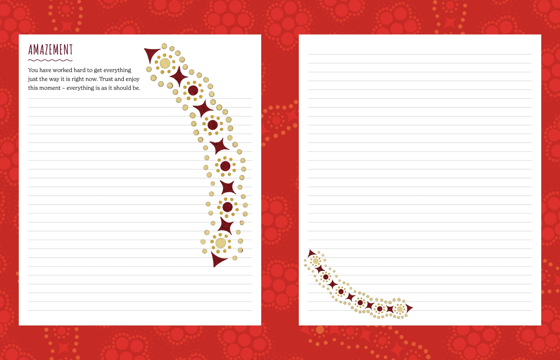Two pages from a notebook with decorative borders on a red background