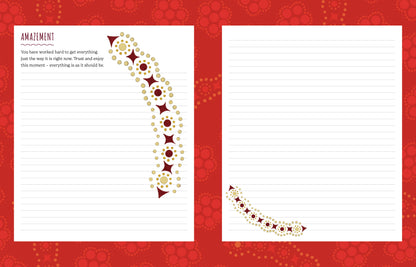 Two pages from a notebook with decorative borders on a red background