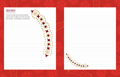 Two pages from a notebook with decorative borders on a red background