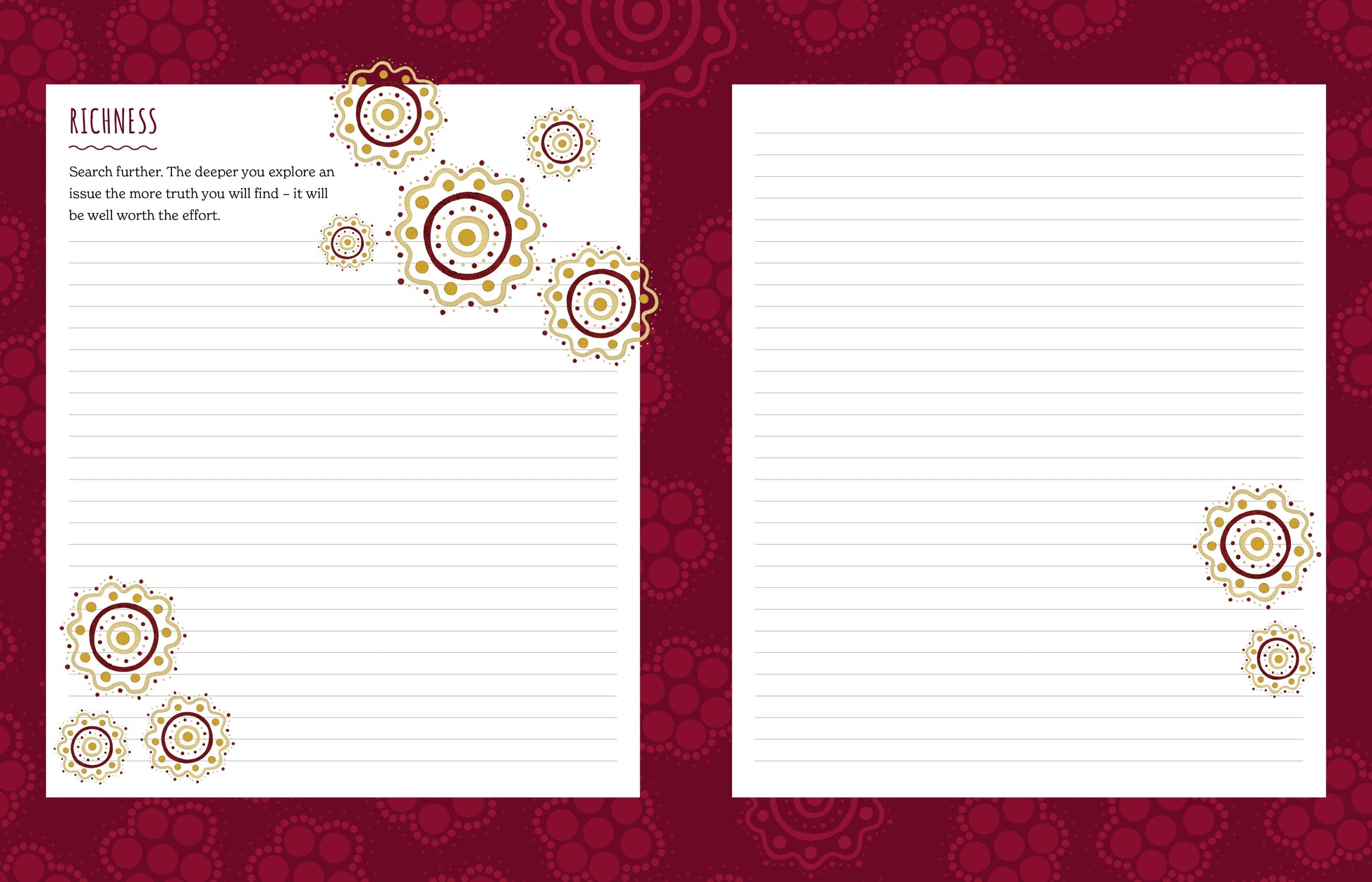 Two sheets of paper with decorative elements on a red patterned background