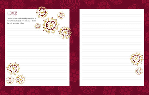Two sheets of paper with decorative elements on a red patterned background