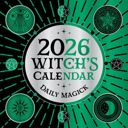 2026 Witch's Calendar cover with magickal symbols on a green background