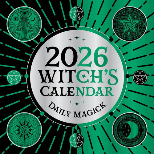 2026 Witch's Calendar cover with magickal symbols on a green background