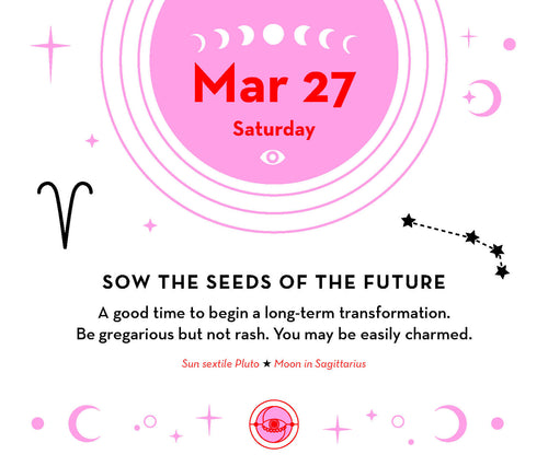 Astrological forecast for March 27th with zodiac symbols and text on a pink and white background.