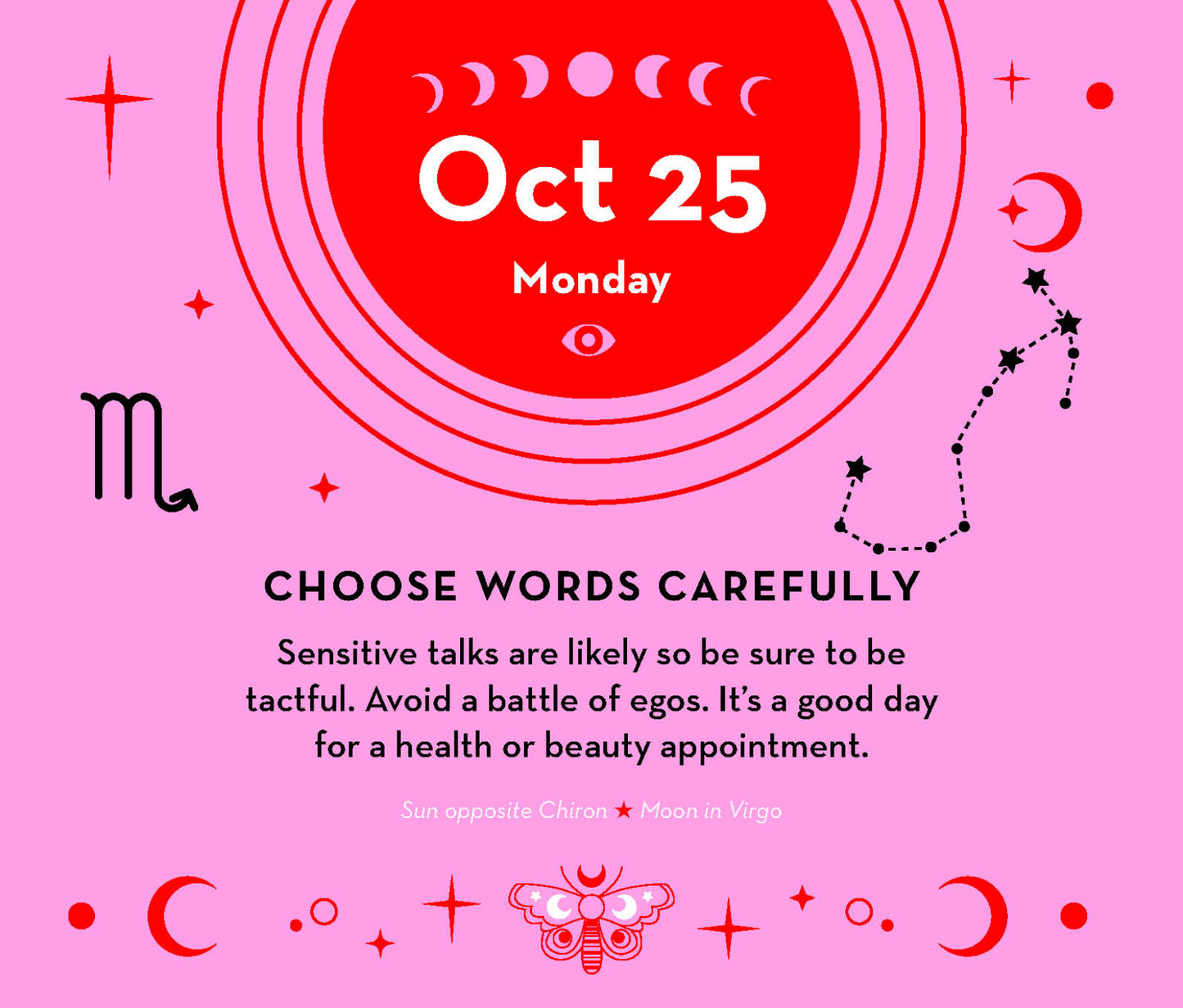 Pink background with astrological symbols and text for October 25th.