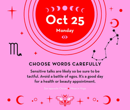 Pink background with astrological symbols and text for October 25th.