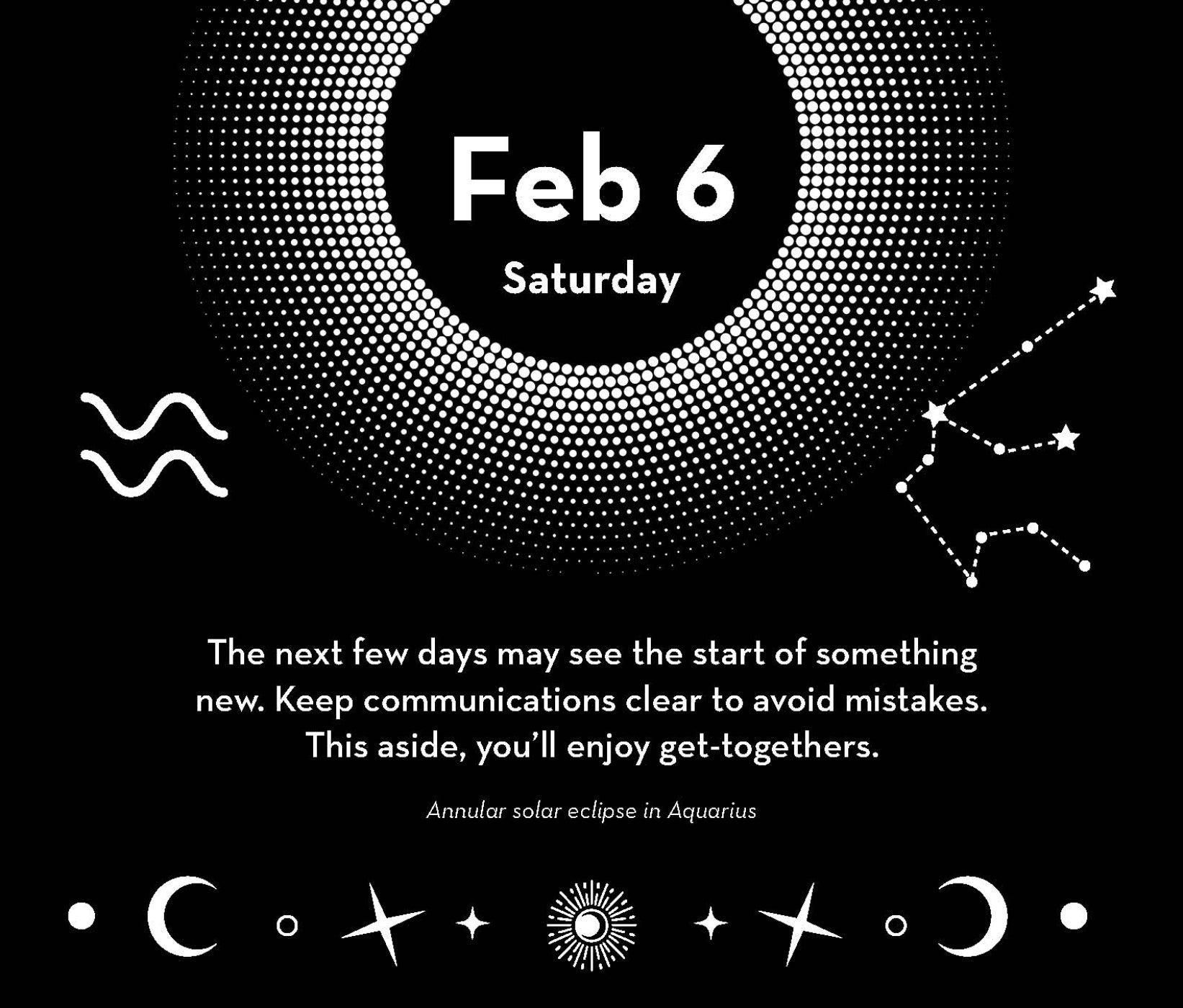 Black and white astrological forecast with text and celestial symbols on a black background