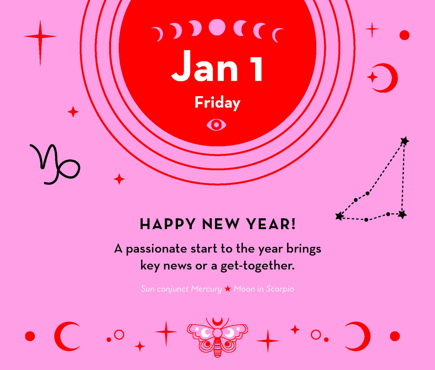 New Year's card with astrological symbols and text on a pink background