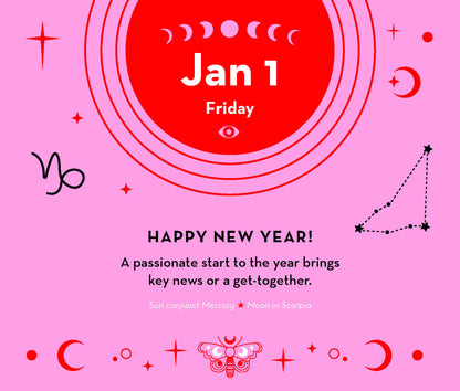 New Year's card with astrological symbols and text on a pink background