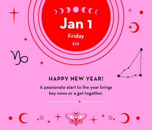 New Year's card with astrological symbols and text on a pink background