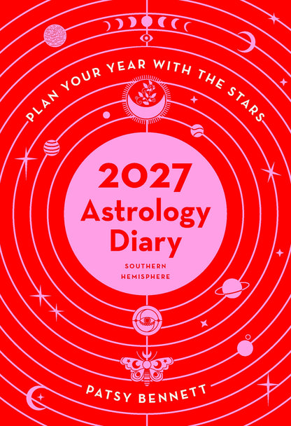 2027 Astrology Diary cover with celestial designs on a red background