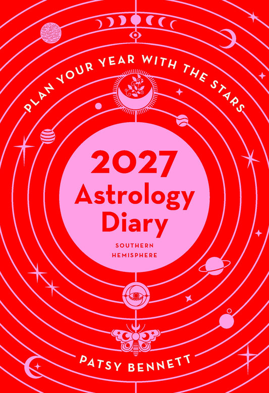 2027 Astrology Diary cover with celestial designs on a red background